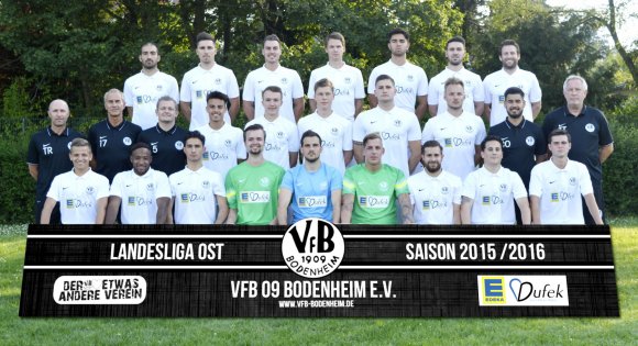 Der Kader des VfB Bodenheim. Oben (v.l.): Alan Ates, Norman Loos, Manuel Mayer, Tobias Porth, Sabian Cooper, Dominik Lang, Oliver Hoch. Mitte: Trainer Ludwig Anspach, Sportlicher Leiter Günter Loos, Kotrainer Dennis Hassemer, Tevin Claude, Valentin Hildebrandt, Malte Schmidt, Philipp Krichten, Dennis Steinbrecher, Betreuer Harald Hegemann, Torwarttrainer Harald Loos. Vorne: Manuel Wein, Nelson Kari-Kari, Antonio Serratore, Philipp Stumm, Mareck Dörr, Torsten Bochinsky, Carlos Stabel, Kevin Handrick, Christian Toplek. Es fehlt: Markus Schmitt.