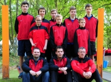 Die Rheinland-Pfälzer (hinten v.l.): Manuel Szablikowski, Dominik Ullrich, Sebastian Piekorz, Steven Weiß (Mannheim), Nehemia Türk; Mitte Selina Krauss, Kilian Horn (Hachenburg), Silvio Krauss; vorne die Trainer Marcel Noack, Danny Hess, Ralf Fischbach.