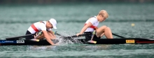 Ausgepowert: Im WM-Viertelfinale mussten Moritz Moos und Jason Osborne bis an ihre Grenzen gehen - und darüber hinaus. Doch als Lohn für den Kraftakt winkt nun das Olympia-Ticket.
