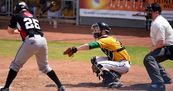 Alles im Griff hatten Catcher Max Boldt und die Mainz Athletics in den beiden Rückrundenspielen gegen die Legionäre Mitte Juli. An die Leistungen beim 9:0/9:0-Sweep wollen sie am Wochenende anknüpfen.