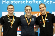 Die erste Medaille: Max Ziemann (r.) gewann Bronze über 100 Meter Brust hinter Marco Koch (M.) und dem Hannoveraner Ruben Reck. Zwei Tage später kam über 50 Meter ein weiterer dritter Platz hinzu.