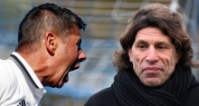 Der VfB Bodenheim könnte es in seiner schwierigen personellen Situation vor dem Derby gegen die TuS Marienborn mit Einschüchterung versuchen, wie es unsere Collage nahelegt. Aber Jürgen Collet (l.) will Kayhan Cakici am liebsten durch guten Sport besiegen. 