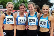 Siebter Platz und neue Bestzeit für die 4x400-Meter-Staffel des USC Mainz (v.l.): Marie Harzer, Friederike Kallenberg, Paula Mayer und Lena Neunecker (v.l.) überzeugten auch im Finale über 4x400 Meter.