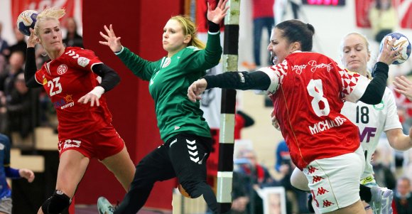 Denise Großheim, Kristin Schäfer und Sophia Michailidis (v.l.) sind die ersten Spielerinnen von Handball-Bundesligist Mainz 05, die für die nächste Saison zugesagt haben. 
