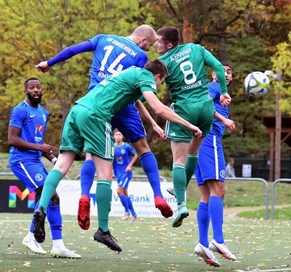 Mehr als vier Monate ist es her, dass Alexander Rimoldi (Nr. 14), Manasse Eshele (l.) und der SV Gonsenheim auf Alemannia Waldalgesheim trafen. Es war das bisher letzte Oberligaspiel am Wildpark.