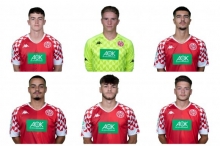 Sechs U-19-Spieler werden in der nächsten Saison in den Kader der U23 aufrücken. Oben v.l. Lucas Laux, Tristan Mohn, Alessio Curci. Unten v.l. Marc Fichtner, Deniz Pehlivan und Leon Petö.