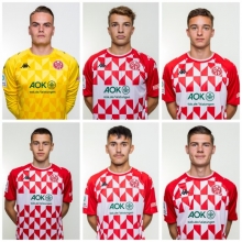 Rücken am Bruchweg in den Kader der U23 auf: (oben von links) Leon Hoffmann, Finn Müller, Keanu Kraft, (unten von links) Lasse Wilhelm, Marlon Roos Trujillo, Danny Schmidt.