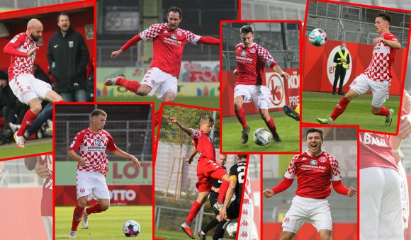 Für sieben Spieler schließt sich das Kapitel FSV Mainz 05 mit dem Heimspiel gegen die TSG Balingen. Giuliano Modica und Stephan Fürstner (oben v.l.) beenden ihre Karriere, eine neue Station zu finden heißt es für Romario Roesch, Tobias Mißner sowie (unten v.l.) Dominik Wanner, Luis Kersthold und Nils Gans.  