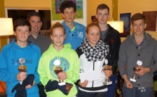 Andreas Wagner (2.v.l.), Sportwart des TV Rheinhessen, mit Gewinnern (v.l.) der Jugend-Hallenmeisterschaften: U14-Vizemeister David Anthofer (TC RW Worms), U18/16-Vizemeisterin Sinja Kraus (TSC Mainz), U14-Überraschungsmeister Henri Bach (TC Nieder-Olm), U18/16-Siegerin Franziska Ahrend (TSV Schott Mainz), U18/16-Juniorenmeister Adrian Kraus (Schott) und der Drittplatzierte Philipp Jacob (TV Alzey)