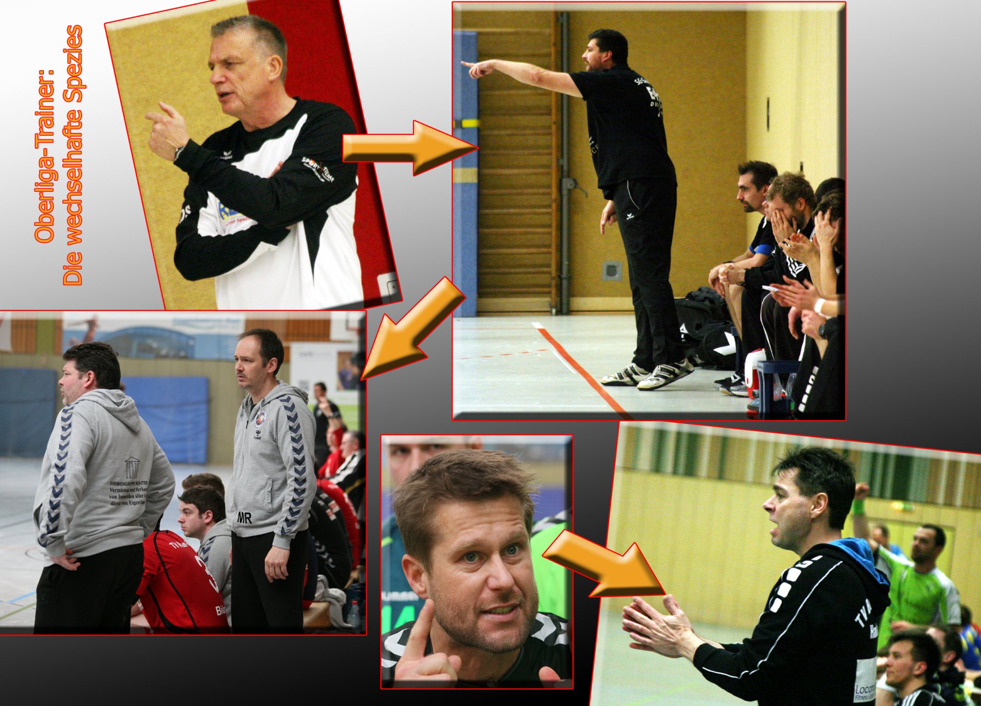 NOVEMBER/DEZEMBER - Nicht einmal die Hälfte der Saison ist in der Handball-Oberliga absolviert - und von den fünf rheinhessischen Mannschaften sind alleine die Sportfreunde Budenheim noch von dem Trainer überzeugt, mit dem sie in die Saison gegangen sind (Axel Schneider). Das Wechselspiel des übrigen Quartetts beginnt mit der Auszeit, die Rainer Sommer (links oben) sich kurz nach dem Saisonauftakt bei der HSG Rhein-Nahe Bingen nimmt. Dann trennt sich Schlusslicht TV Bodenheim angesichts des anhaltenden Misserfolges von Aufstiegscoach Thorsten Ohloff (unten rechts) und verpflichtet den Rüsselsheimer Olaf Anthes (Mitte unten). Als nächstes macht sich bei der SG Saulheim Unzufriedenheit breit über das Mittelmaß, das die an Spitzenpositionen gewohnte Mannschaft in dieser Saison darstellt. Um die Neuorientierung schon vor den Kaderplanungen für die neue Saison einzuleiten, setzt der Verein Markus Herberg (rechts oben) frei und Wunschtrainer Rainer Sommer (immer noch links oben) als Nachfolger ein. Herberg hat kurz vor Weihnachten ebenfalls einen neuen Job klargemacht; die Heimkehr zum TV Nieder-Olm wird allerdings erst nach Rundenende umgesetzt, dann müssen Udo Henß und Michael Rink (unten links von links) nach fünf Jahren das Trainerduo-Dasein beim TV Nieder-Olm aufgeben. Ganz schön kompliziert und wild, das Trainerleben bei den Oberligisten. Es ist kein Zufall, dass dieses Durcheinander in einer Saison entstanden ist, in der sich das rheinhessische Quintett komplett in der unteren Tabellenhälfte tummelt.