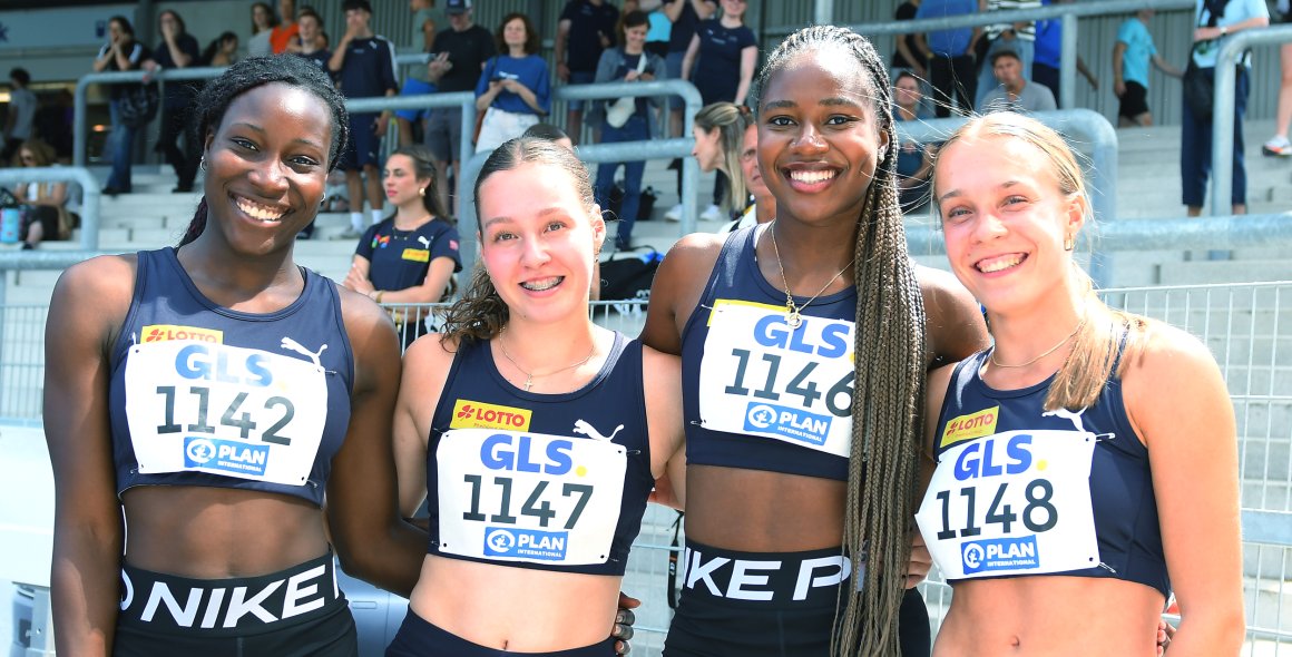 Bescherten dem USC Mainz in der ersten U-23-Entscheidung dieser DM den Titel: Linda Zoè Amoikon, Mara Sophie Schmitz, Judith Bilepo Mokobe und Mia Louisa Schmitz über 4x100 Meter.