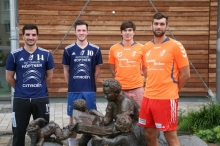 Christian Kosel, Timo Borsch, Lukas Scheer und Philipp Becker (v.l.): Dem Torwart und den drei Rückraumspielern, die seit dem vergangenen Sommer das Trikot der Sportfreunde tragen, werden in Budenheim in der kommenden Saison einen neuen Versuch starten, die Sportfreunde zum Spitzenteam der Oberliga zu machen. 