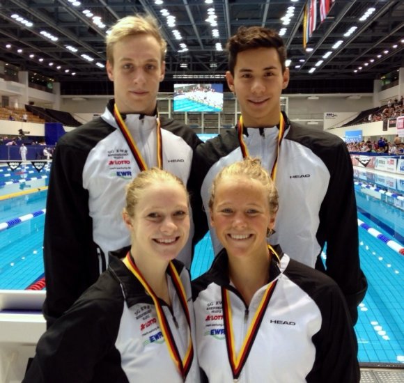 Glücklich über Bronze: Die Mixedstaffel der SG Rheinhessen-Mainz mit Laura Simon (v.l), Luisa Nickles, Michel Ziemann (h.l.) und Kevin Wedel. 